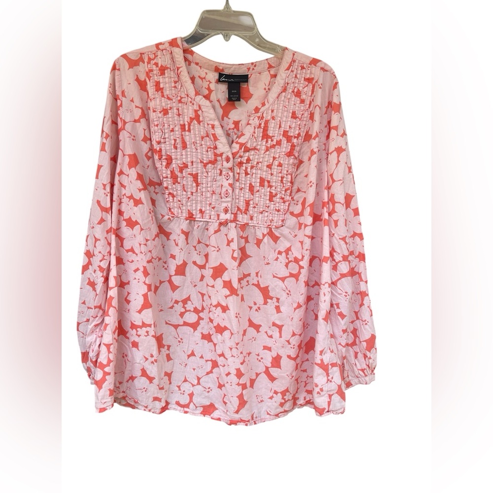 Lane Bryant women’s size 22W 24W Coral LS  Floral Blouse Plus Size Curvy